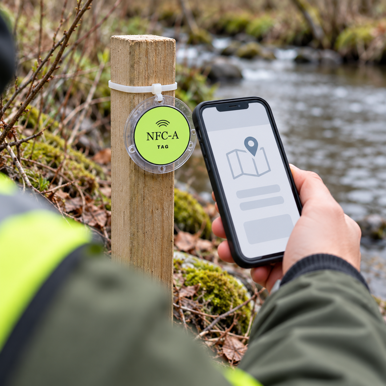 A 30 mm NFC tag on a field marker sits beside a phone showing a generic map symbol at an outdoor sampling location; mounting parts are illustrative only.