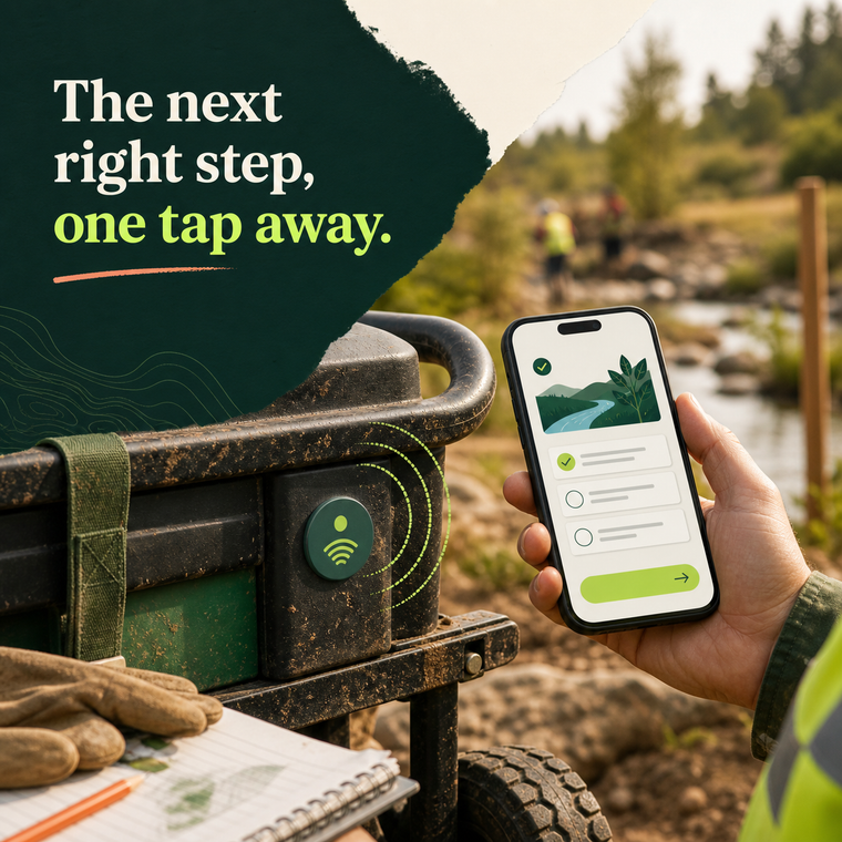NFC A TAG NFC tag on field equipment beside a phone checklist for environmental restoration and field service work