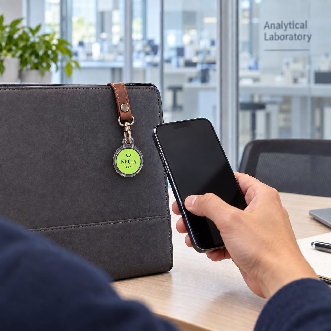 A hand holds a phone near an NFC tag on a shared industrial laboratory service folio.