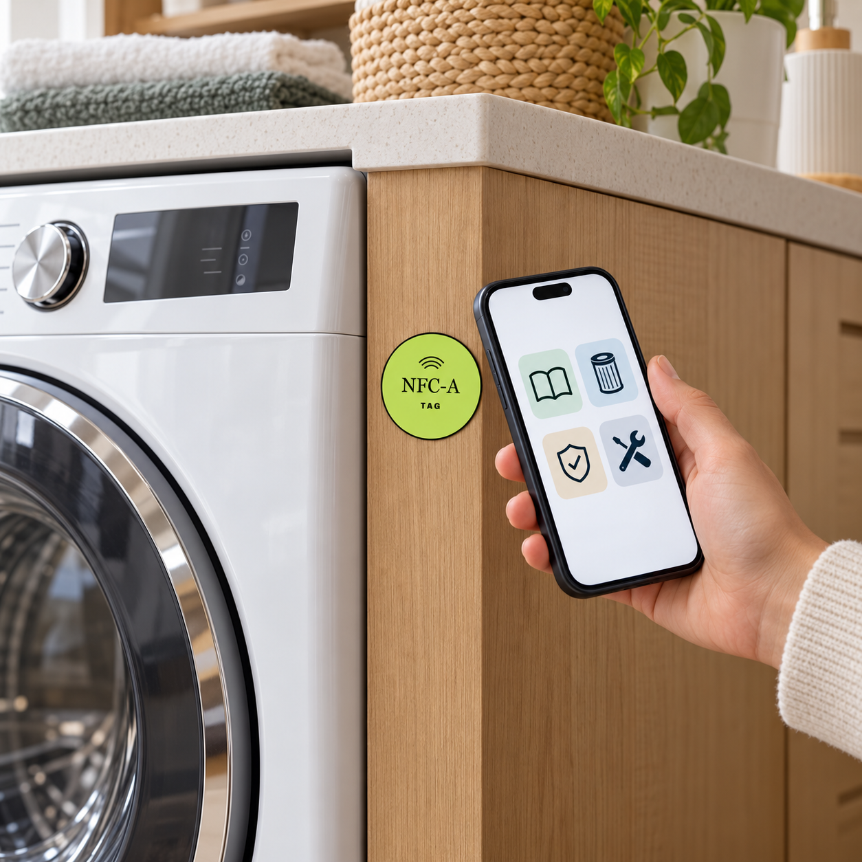 An NFC-A TAG coin on a wood cabinet beside a washer and a phone displaying generic manual and service icons.