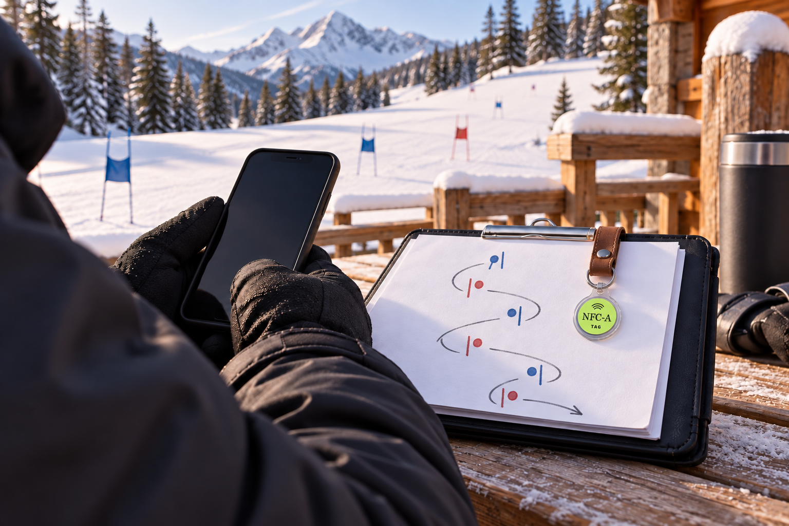 Gloved coach holds a phone beside a generic ski course sketch and lime NFC-A Tag coin in a clear holder.