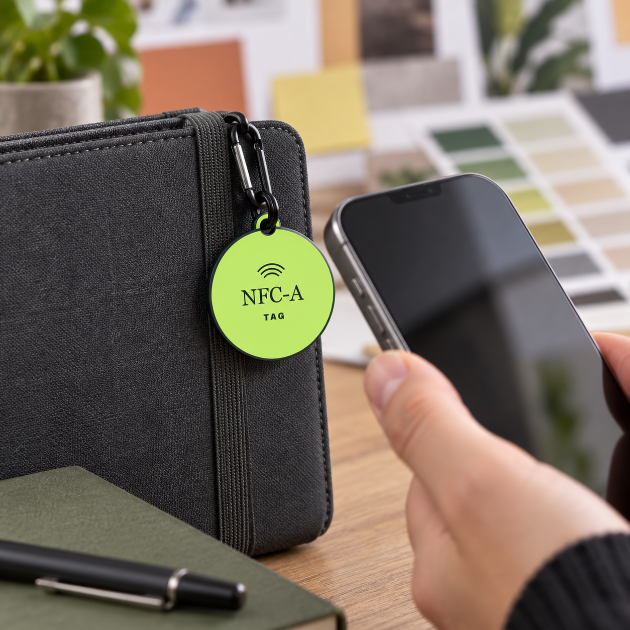 A phone is brought near the approved NFC-A TAG coin clipped to a creative project folio beside a blurred color board.