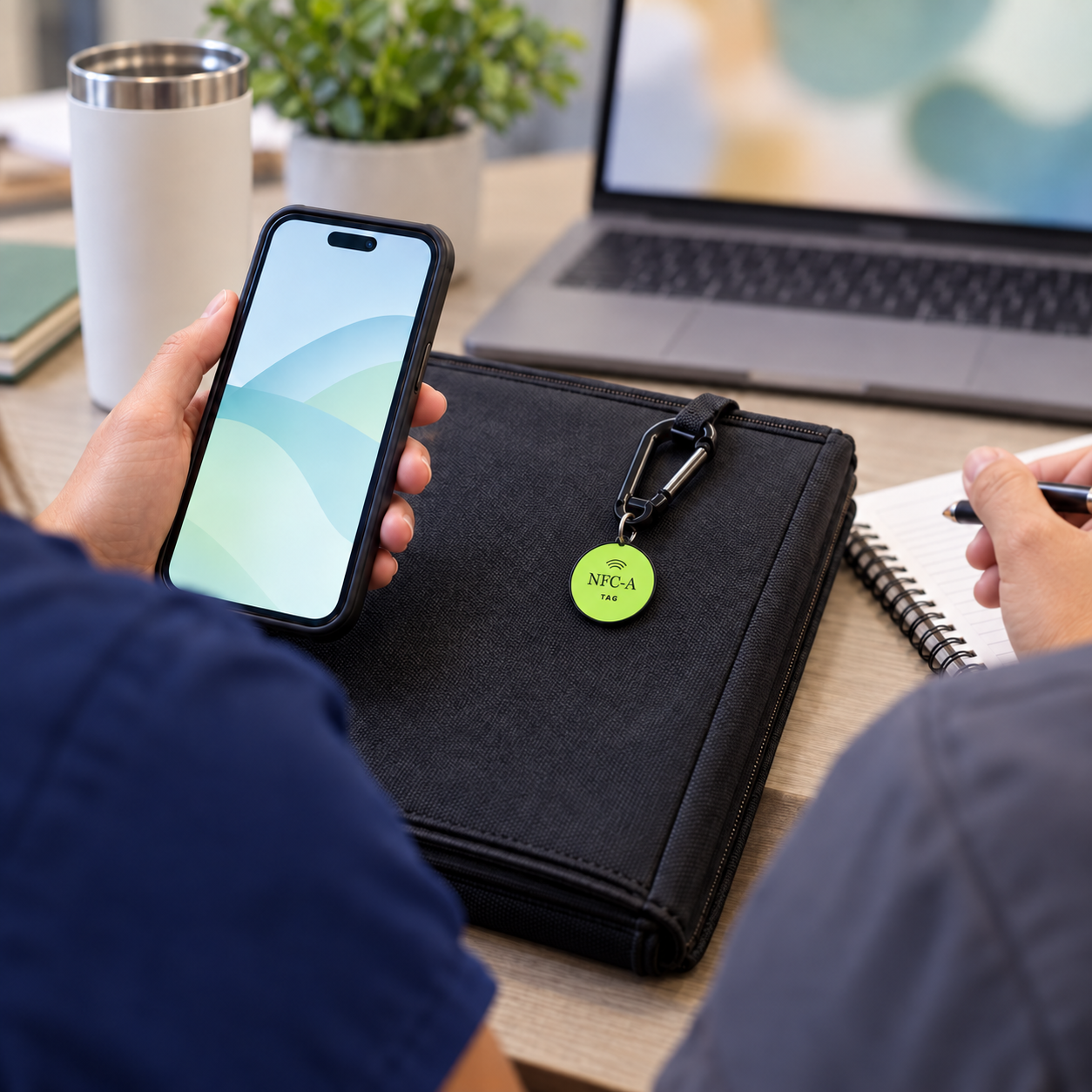 Staff seen from behind review a general training resource with a phone and NFC-A TAG coin clipped to a folio.