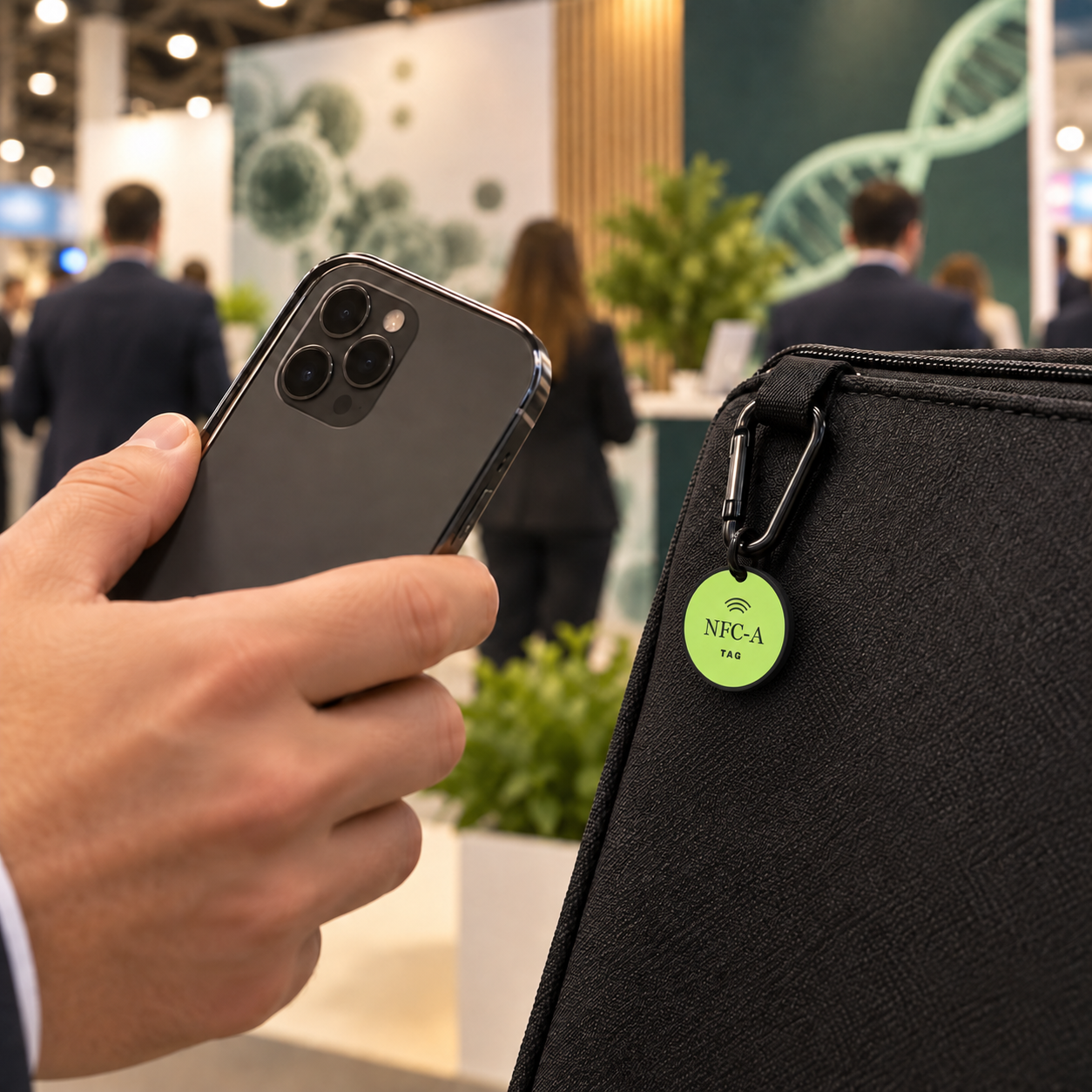 POV of a hand holding a phone beside an NFC-A TAG coin clipped to an event folio at a technology trade show.