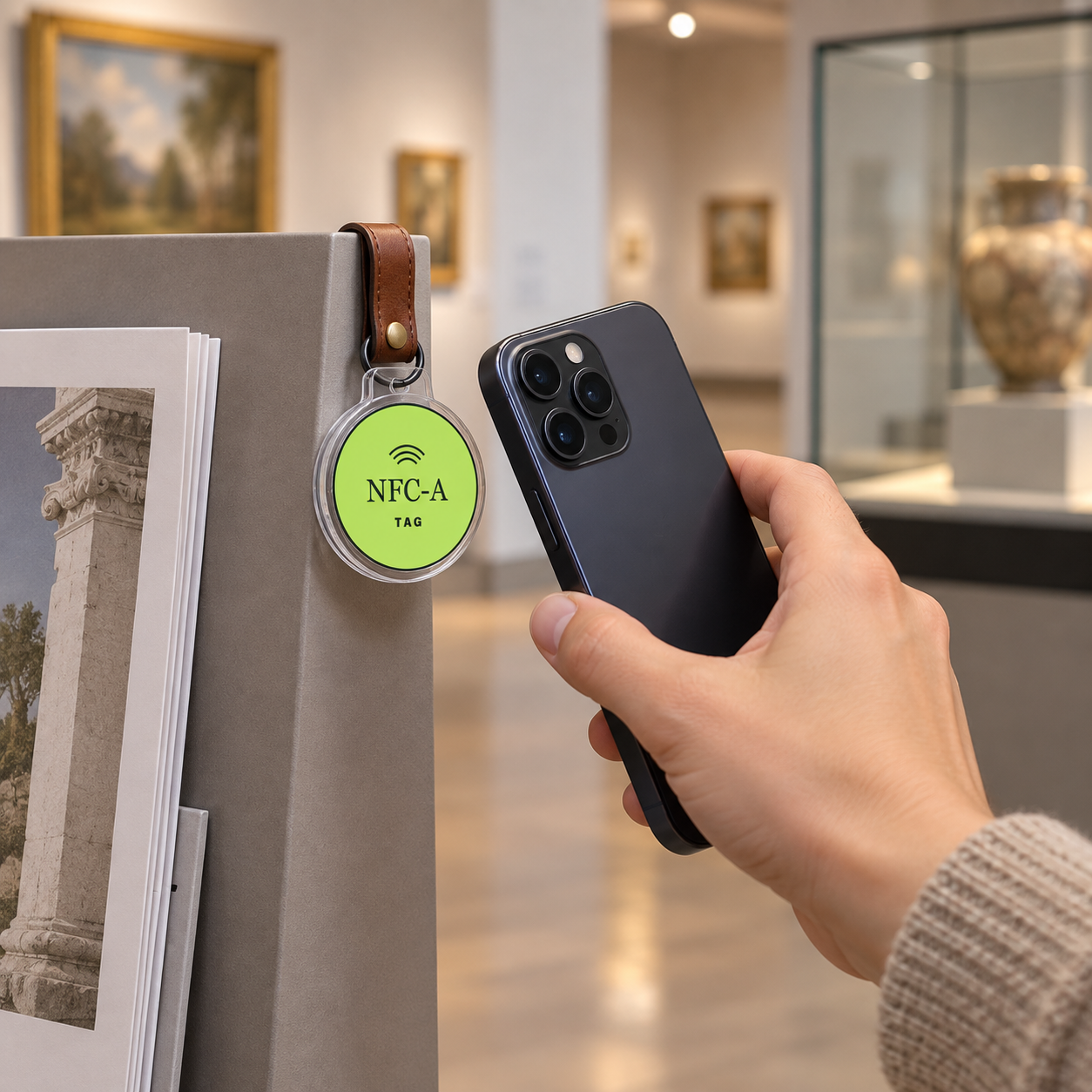 A visitor holds a phone near an NFC-A TAG coin attached to a freestanding gallery guide folio.