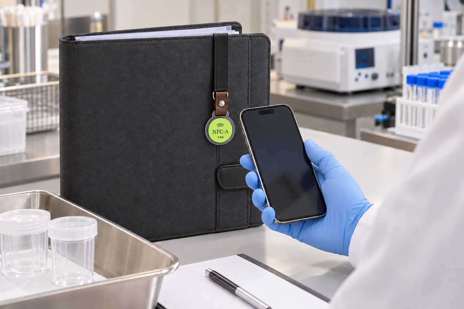Gloved hand holds a phone beside a lab submission folio with a lime NFC-A Tag coin in a clear holder.