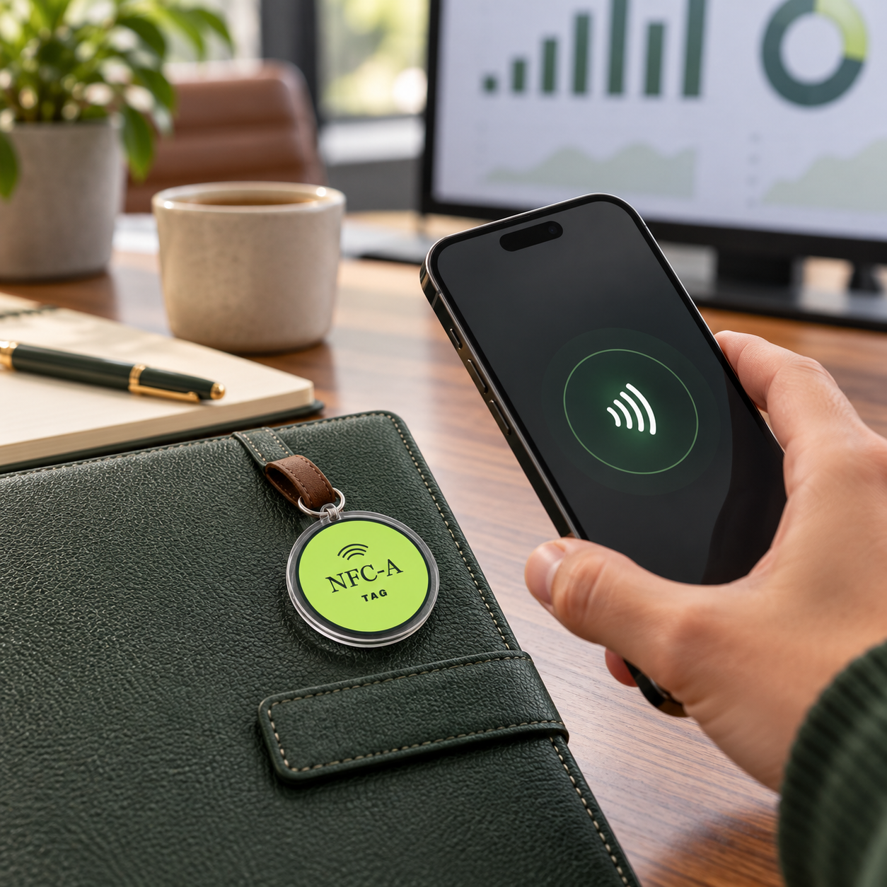 A team member taps a phone beside a payment analytics reference folio; an NFC tag is attached in a clear holder.