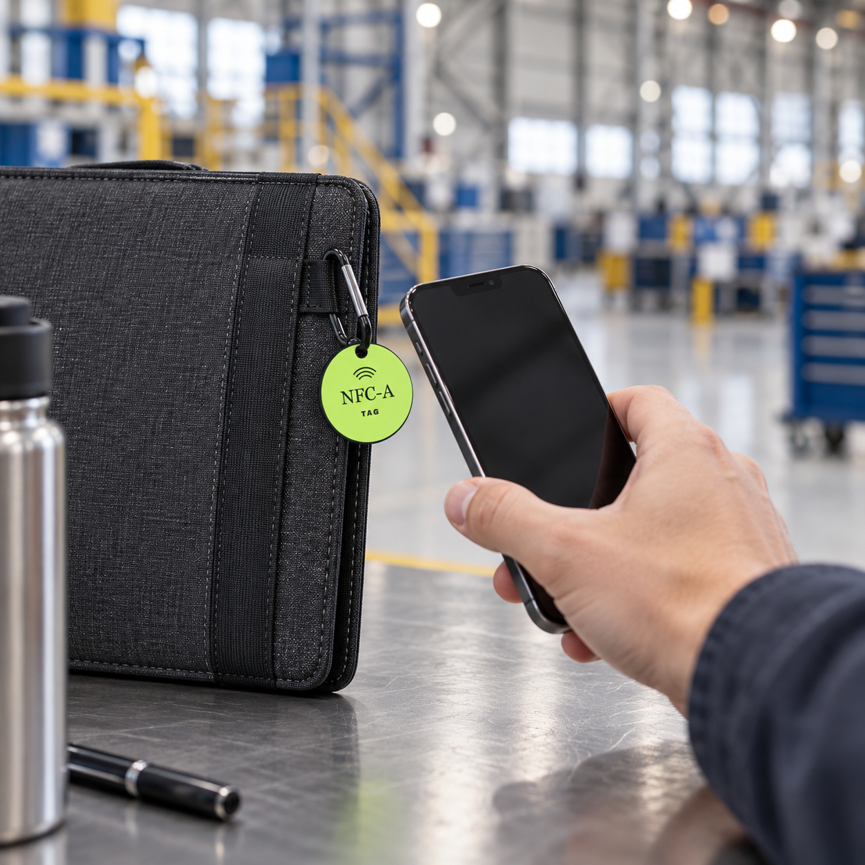 A hand brings a phone beside an NFC-A TAG coin clipped to a program folio in a generic industrial setting.