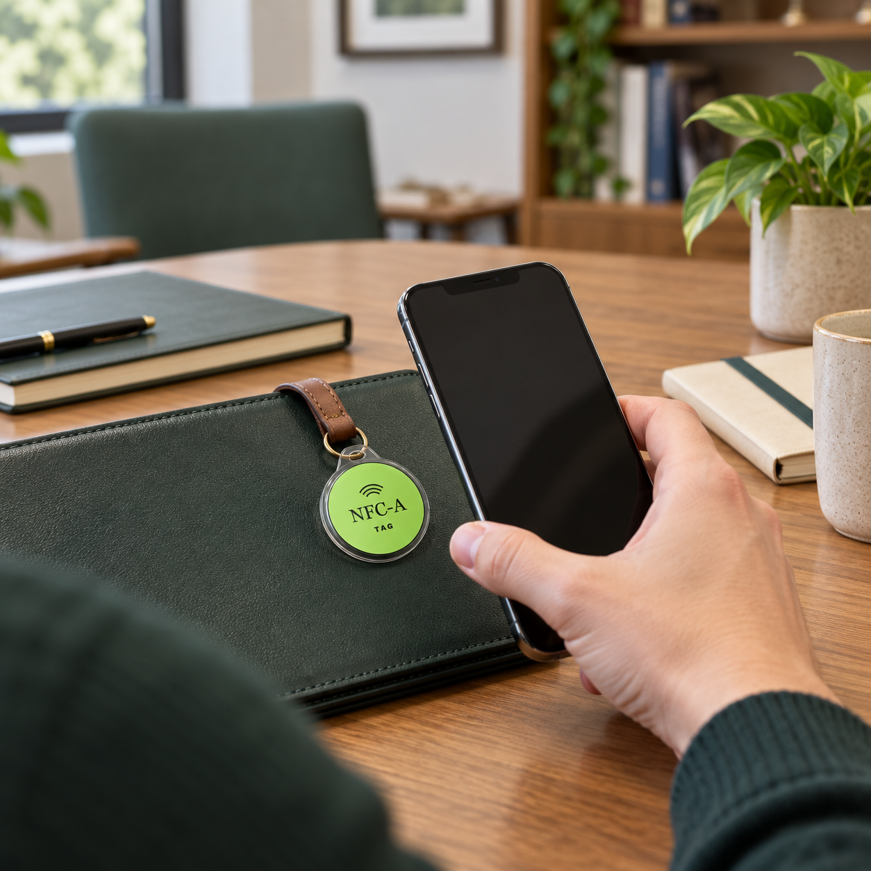 A hand taps a phone near an NFC tag attached to a biomedical informatics consultation folio.