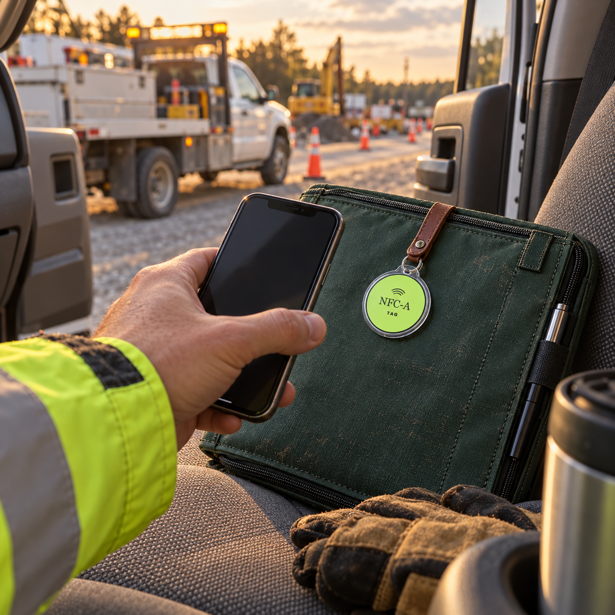 A road-crew worker taps a phone near an NFC-A TAG coin attached to a shared shift-handoff folio inside a work truck.