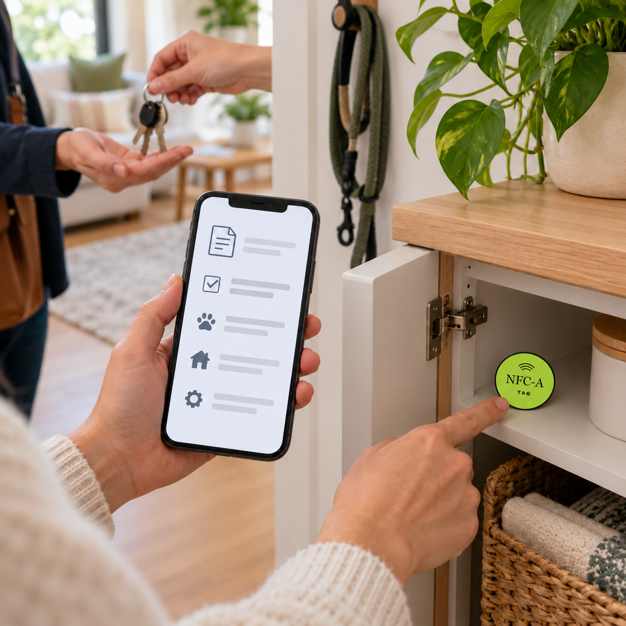 A trusted helper checks generic household instruction placeholders beside a lime NFC-A TAG coin at an entryway handoff point.