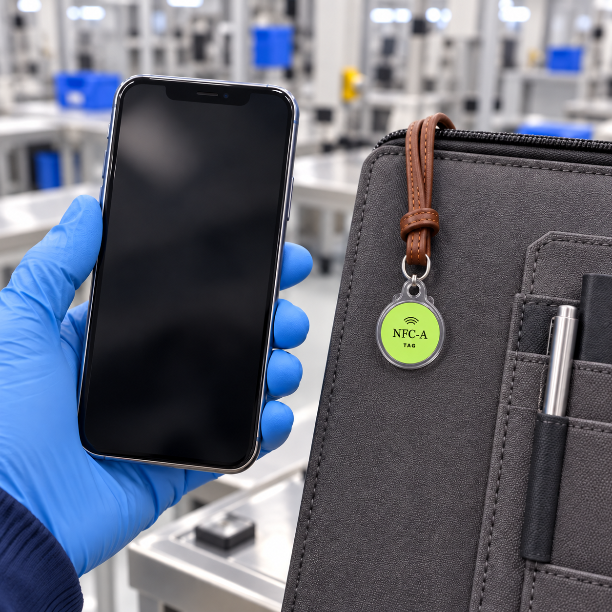 A gloved hand brings a phone near an NFC-A TAG coin in a clear holder on a leather lanyard attached to a workcell folio.