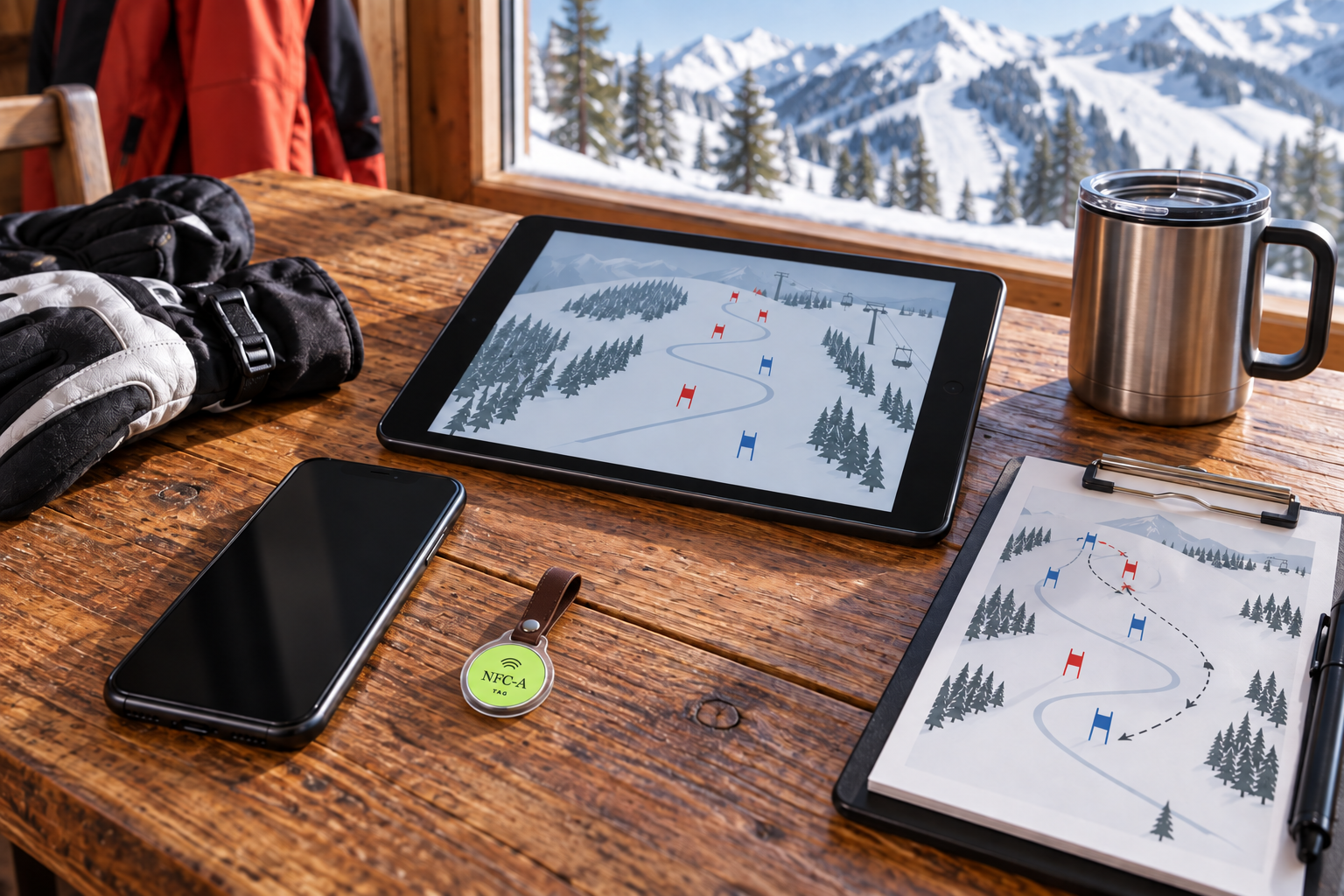 Alpine coach planning table with generic course diagrams, smartphone, and lime NFC-A Tag coin in a clear holder.