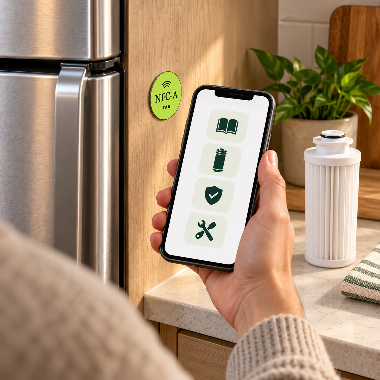 A phone displays generic filter reference icons beside an NFC-A TAG coin on a wood cabinet near a refrigerator.