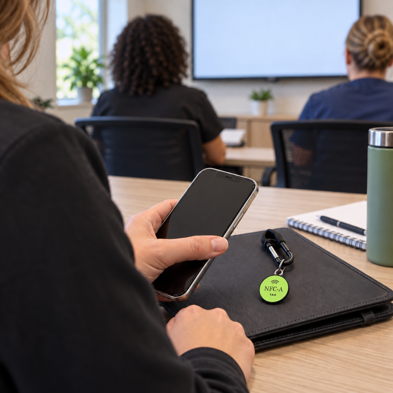 A staff educator holds a phone beside the approved NFC-A TAG coin clipped to a resource folio in a training room.