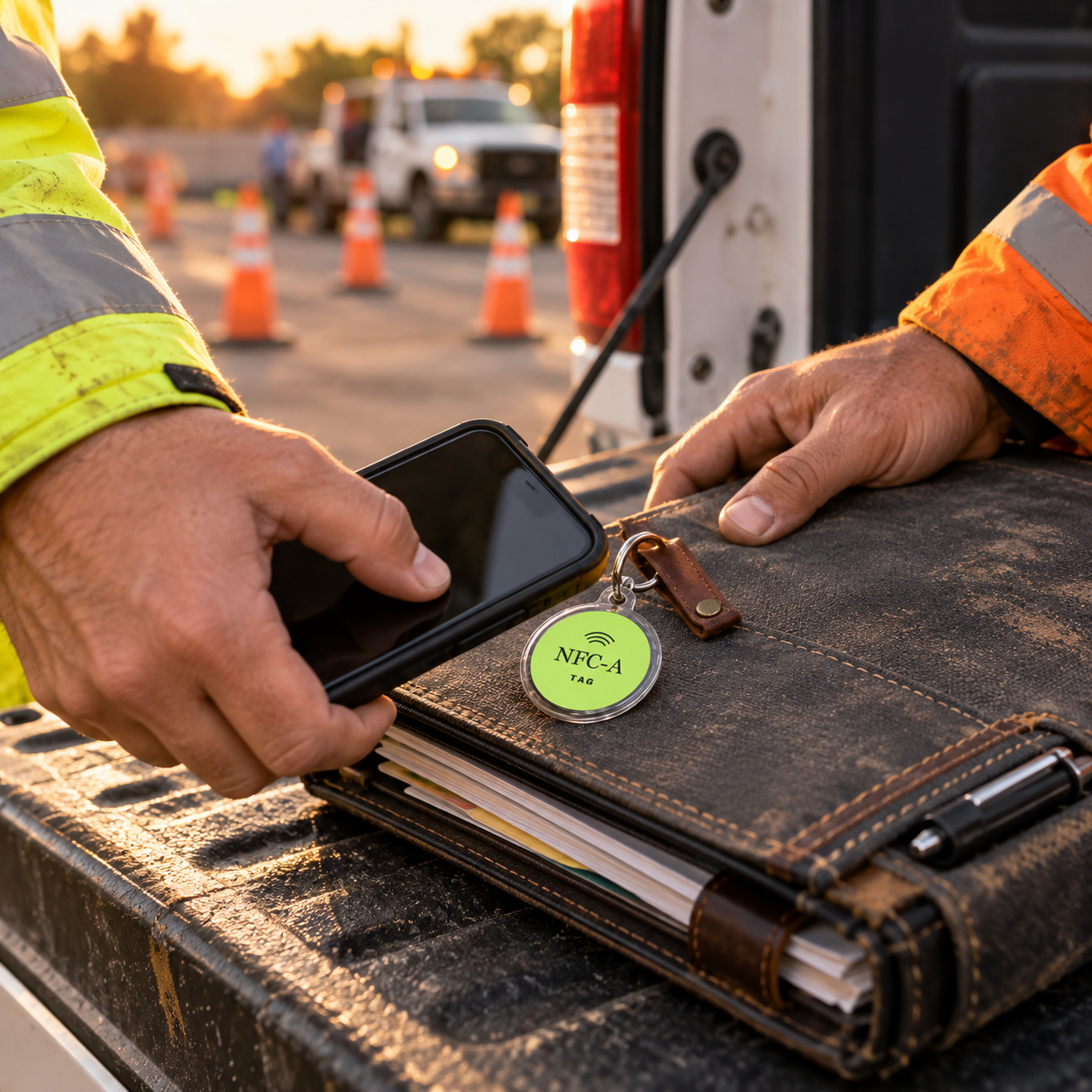 An NFC-A TAG coin in a clear holder sits on a crew folio beside a phone at a roadwork shift change.