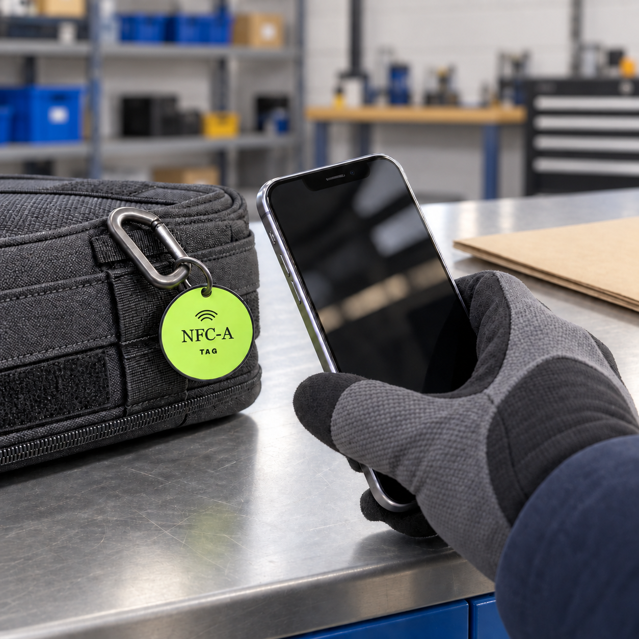 A gloved hand holds a phone near an NFC-A TAG coin clipped to a folio at a generic production handoff station.