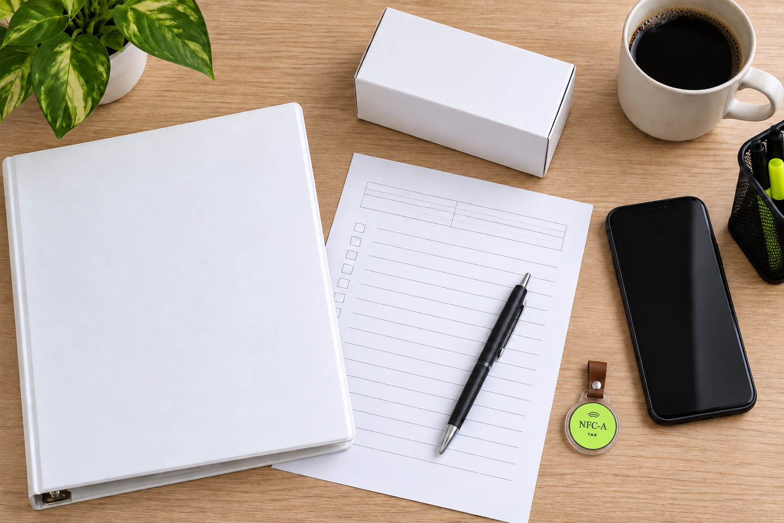 Overhead customer review workspace with a notebook, phone, and NFC-A Tag coin in a clear holder.