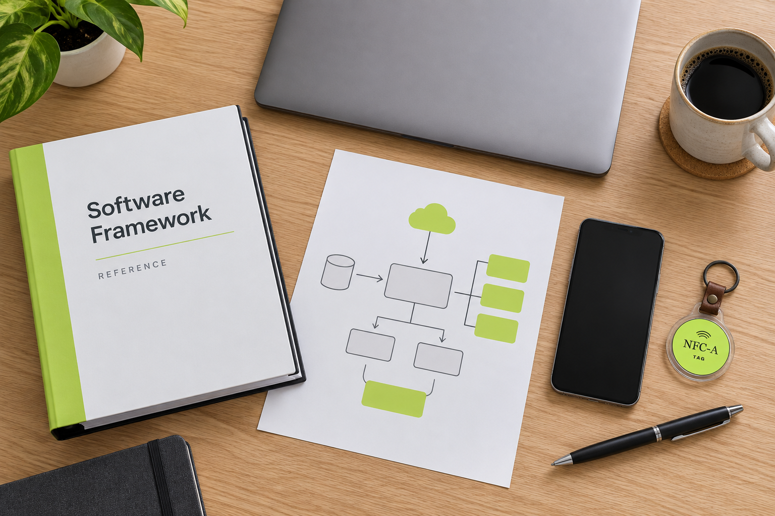 Shared framework reference binder and abstract architecture diagram beside a phone and NFC-A TAG coin in a clear holder.