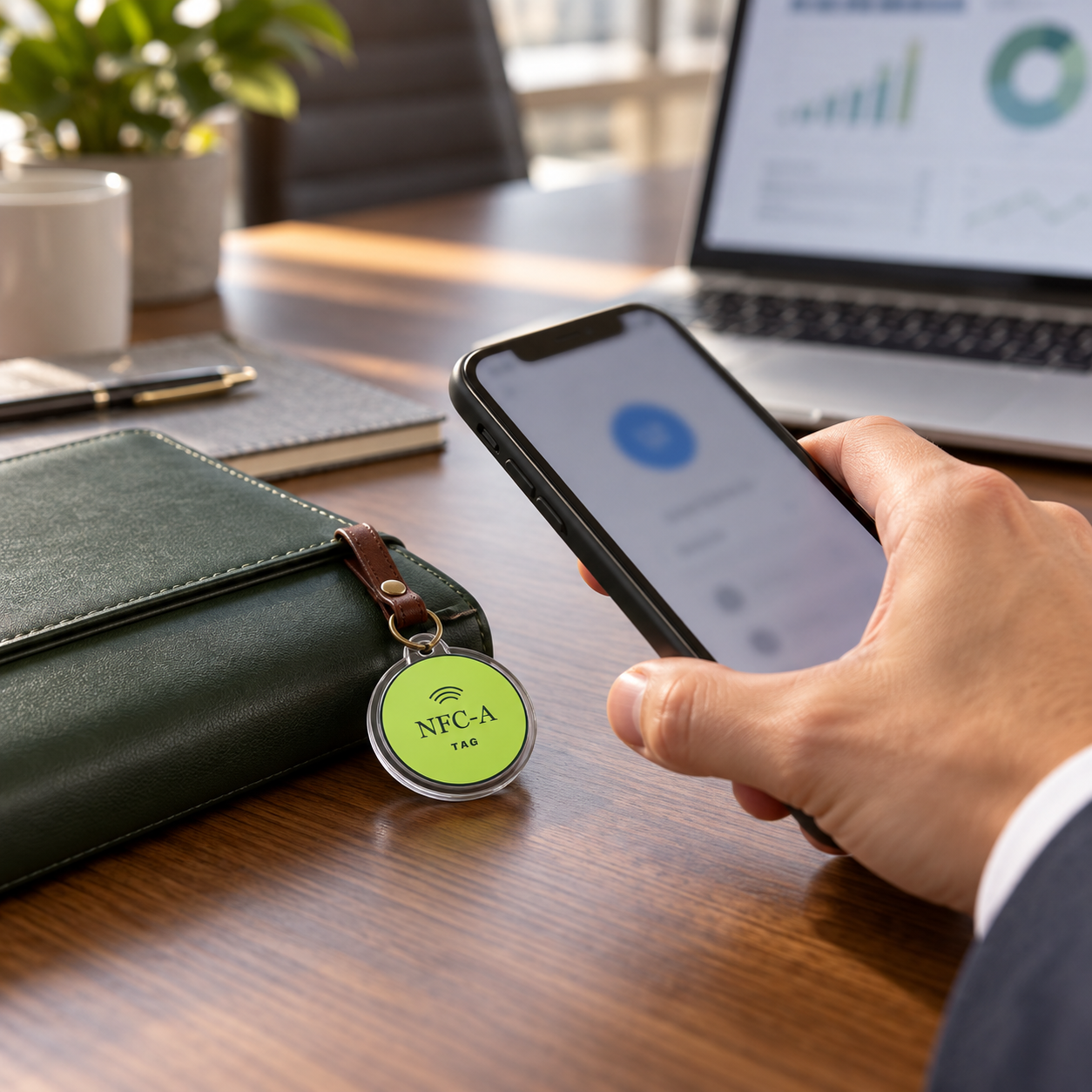 A lime NFC-A Tag coin in a clear holder rests beside a phone on a shared metric glossary folio.