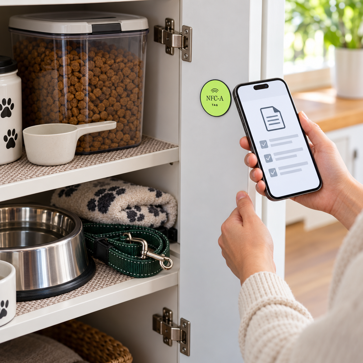 A phone displays generic pet routine placeholders beside food supplies and a lime NFC-A TAG coin.