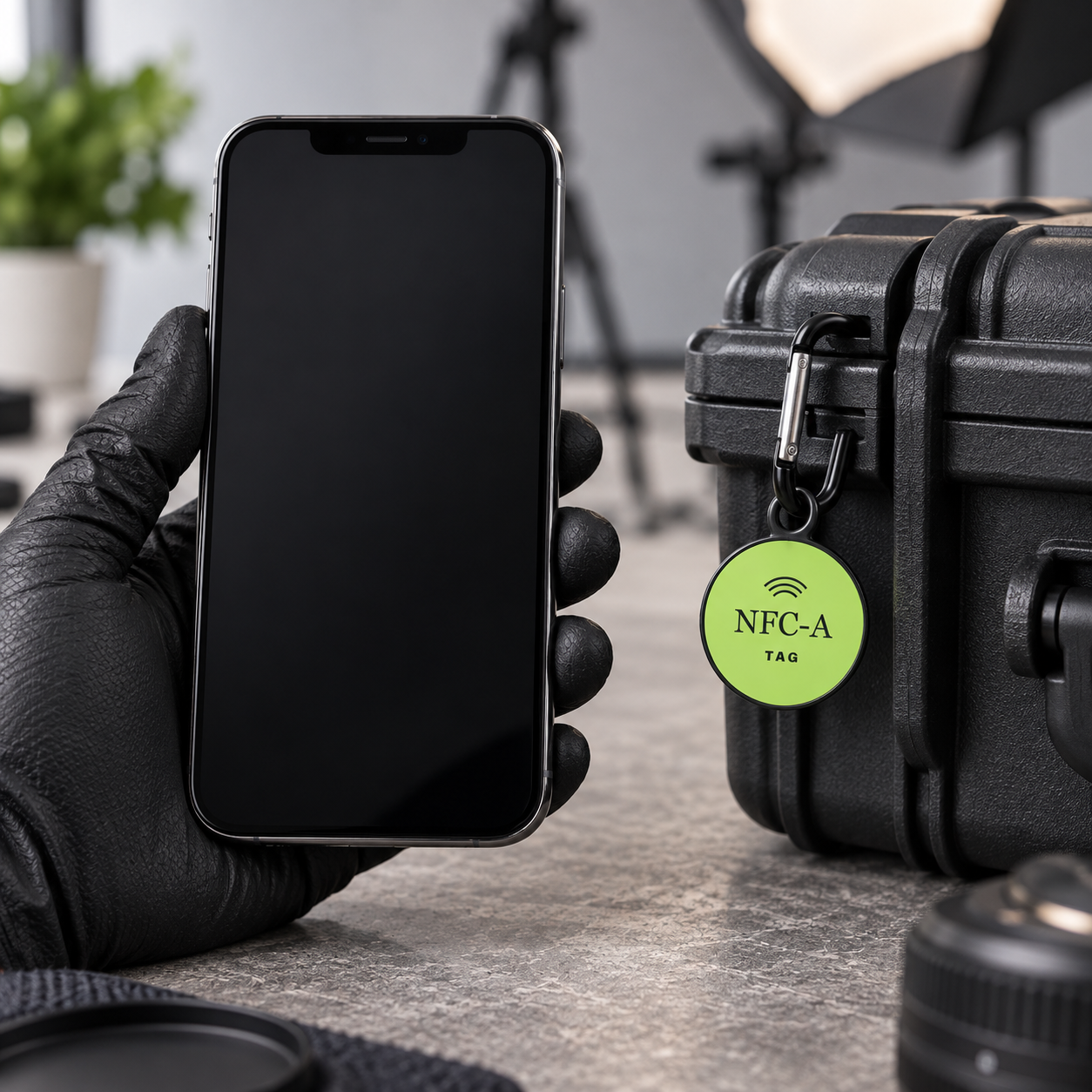 A gloved hand holds a phone near an NFC-A TAG coin clipped to a generic production case.