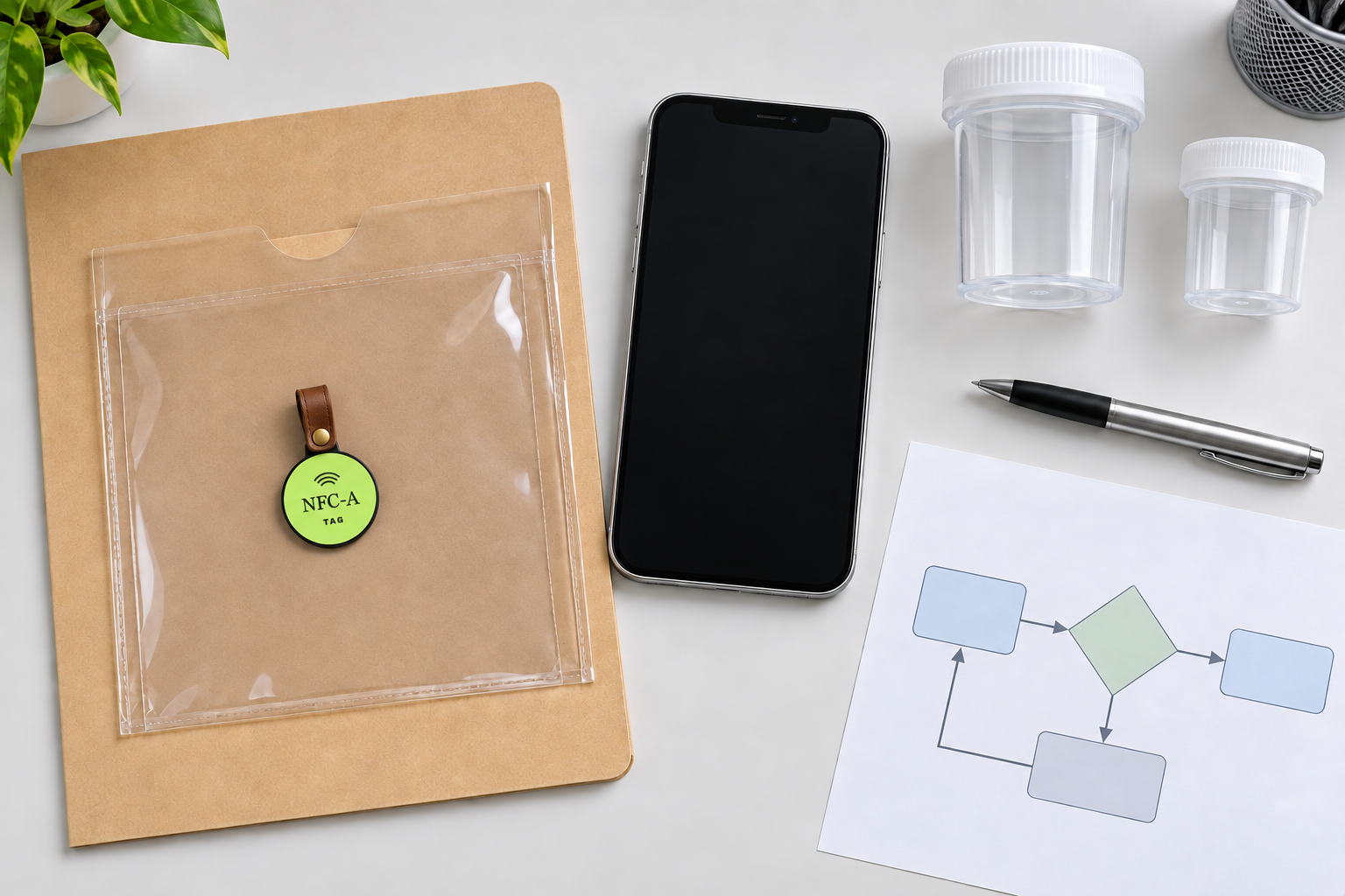 Overhead sample-submission resource station with an outer folio, unmarked containers, phone, and NFC-A Tag coin.
