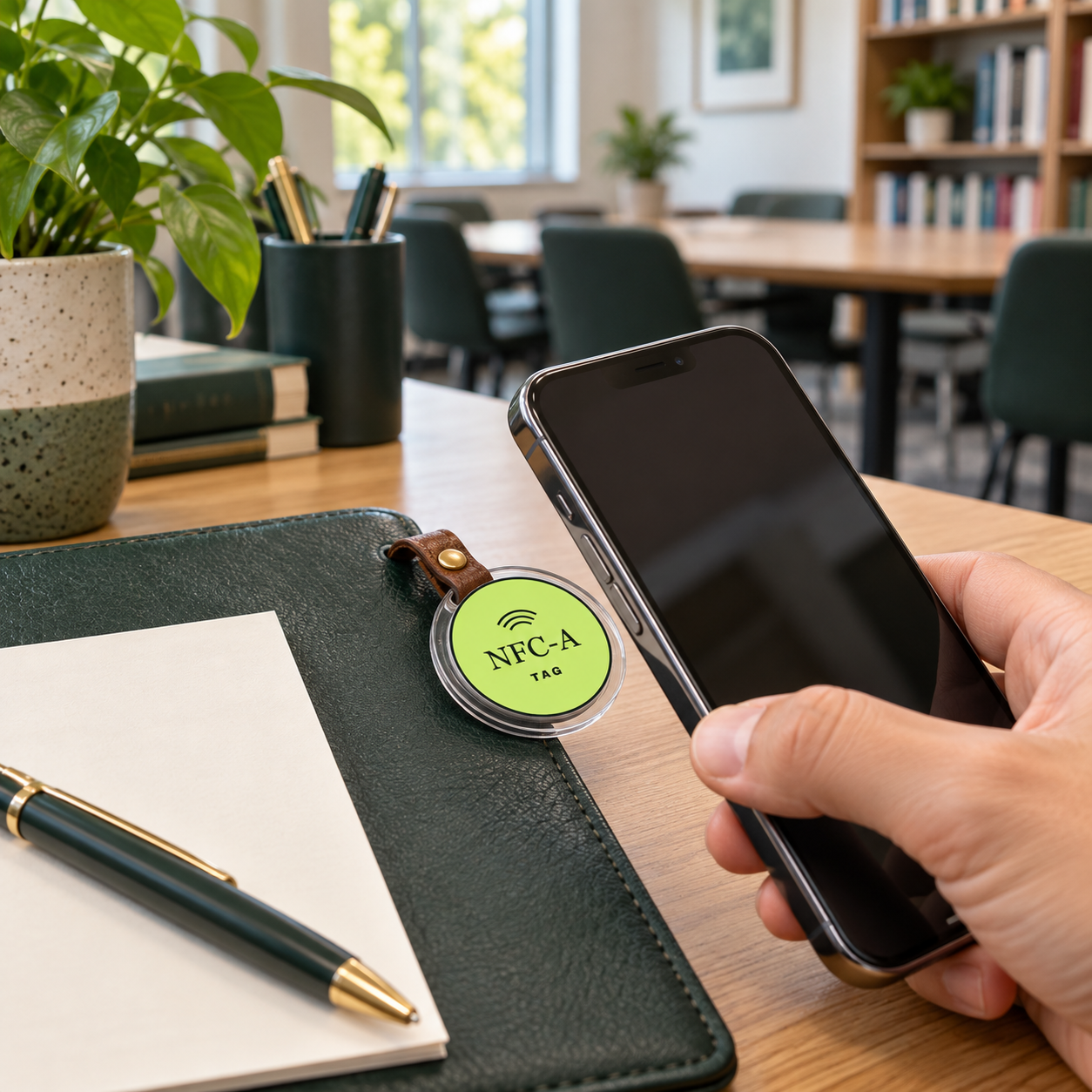 An NFC tag in a clear holder sits beside a phone on a shared research-service folio.
