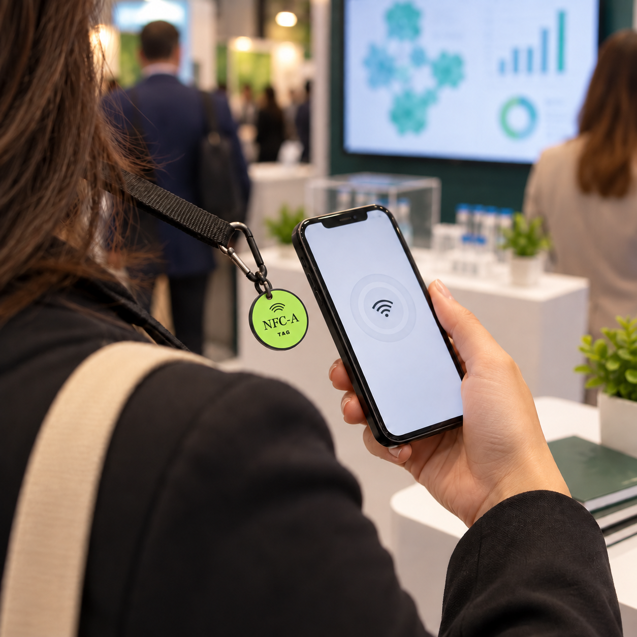 Rear POV of an event marketer holding a phone beside a 30 mm NFC-A TAG coin on a lanyard at a booth.