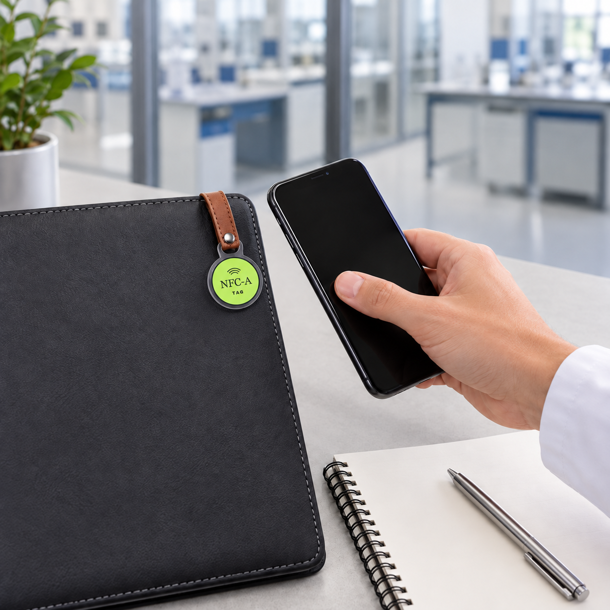 A phone and NFC tag sit beside a technical-service folio at an industrial chemistry lab resource station.