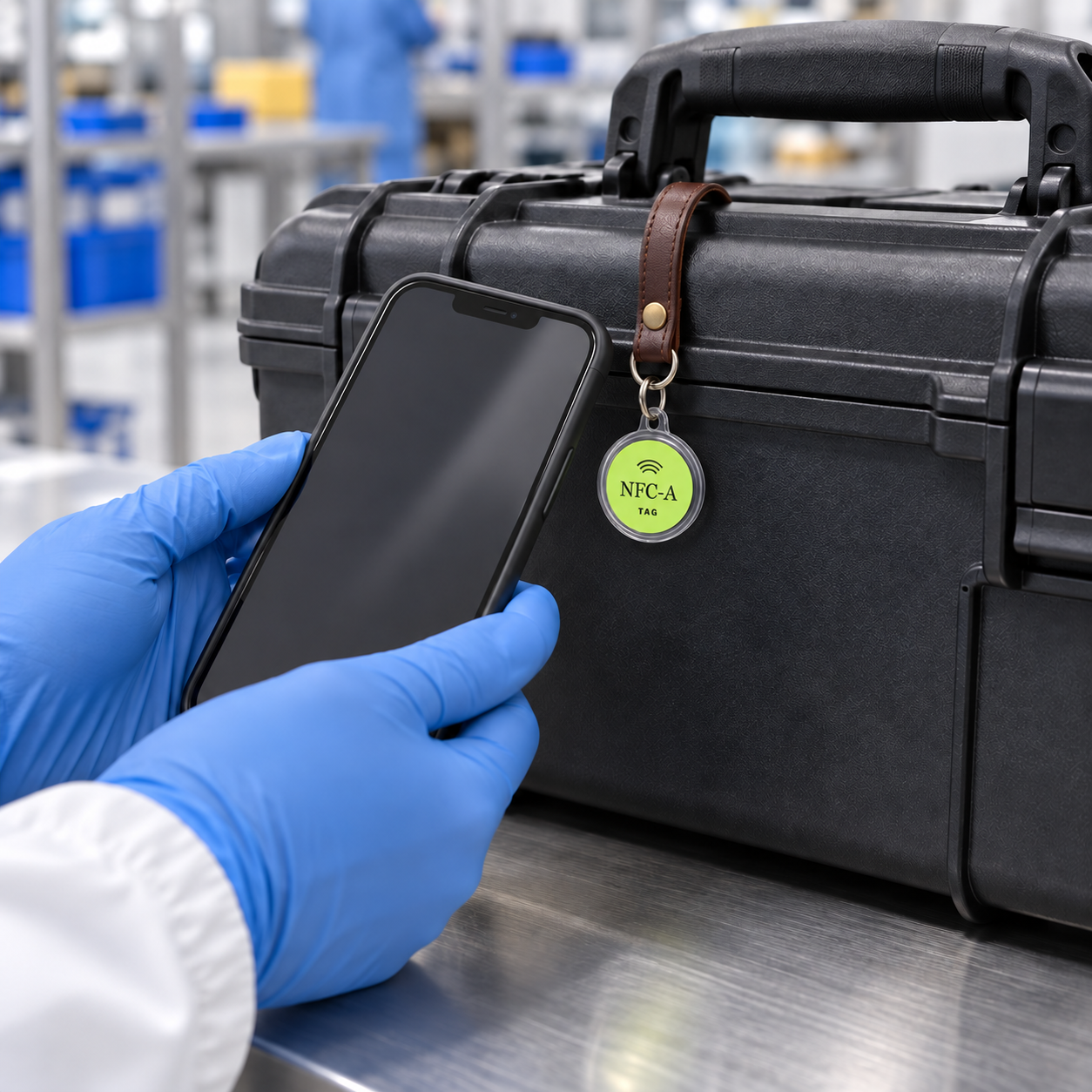 A gloved hand holds a phone near an NFC-A TAG coin in a clear holder on a leather lanyard attached to a tooling case.