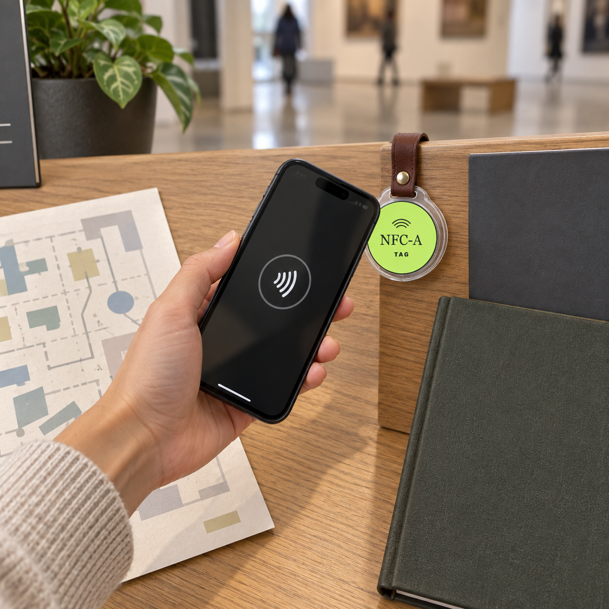 A phone and NFC-A TAG coin sit beside a visitor map and guide at a museum information station.