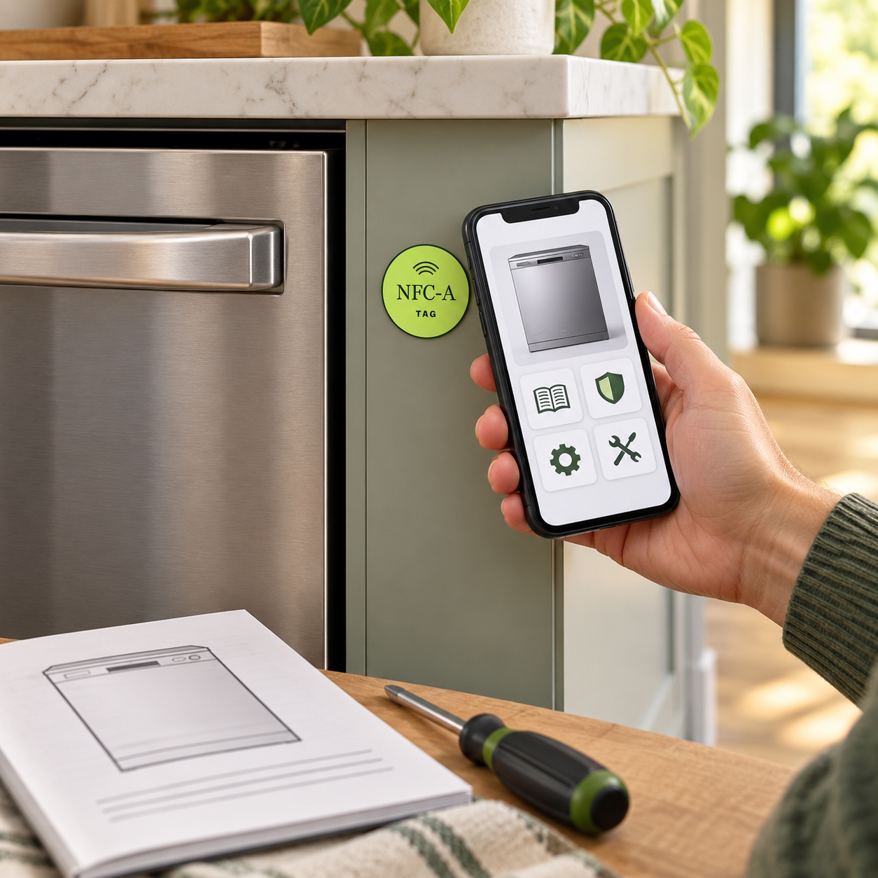 A phone with generic manual and service icons beside an NFC-A TAG coin on a cabinet next to a dishwasher.