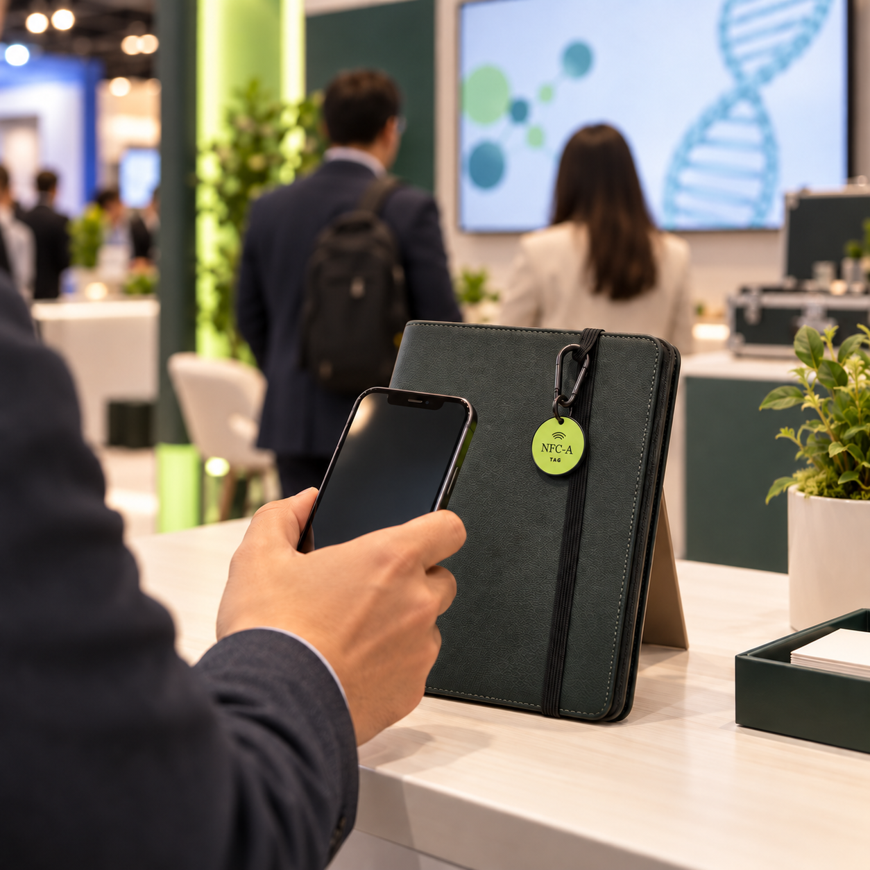 A hand holds a phone beside the approved NFC-A TAG coin clipped to a demo folio at a trade-show booth.