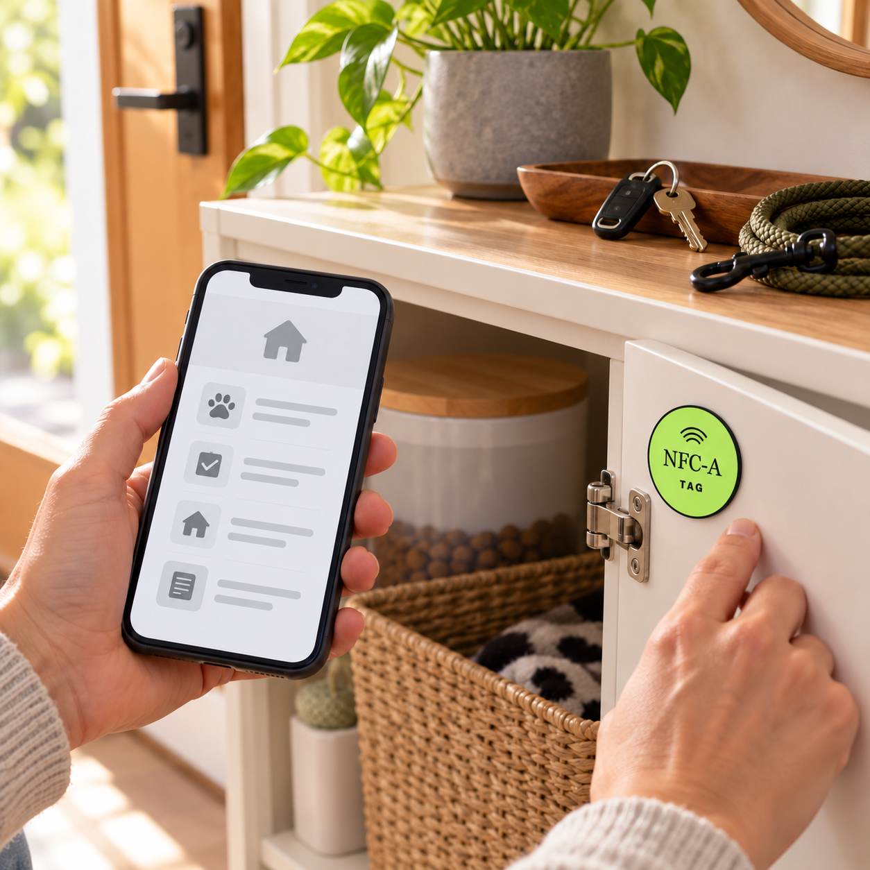 A homeowner checks generic sitter-page placeholders beside an NFC-A TAG coin at a household supply cabinet.