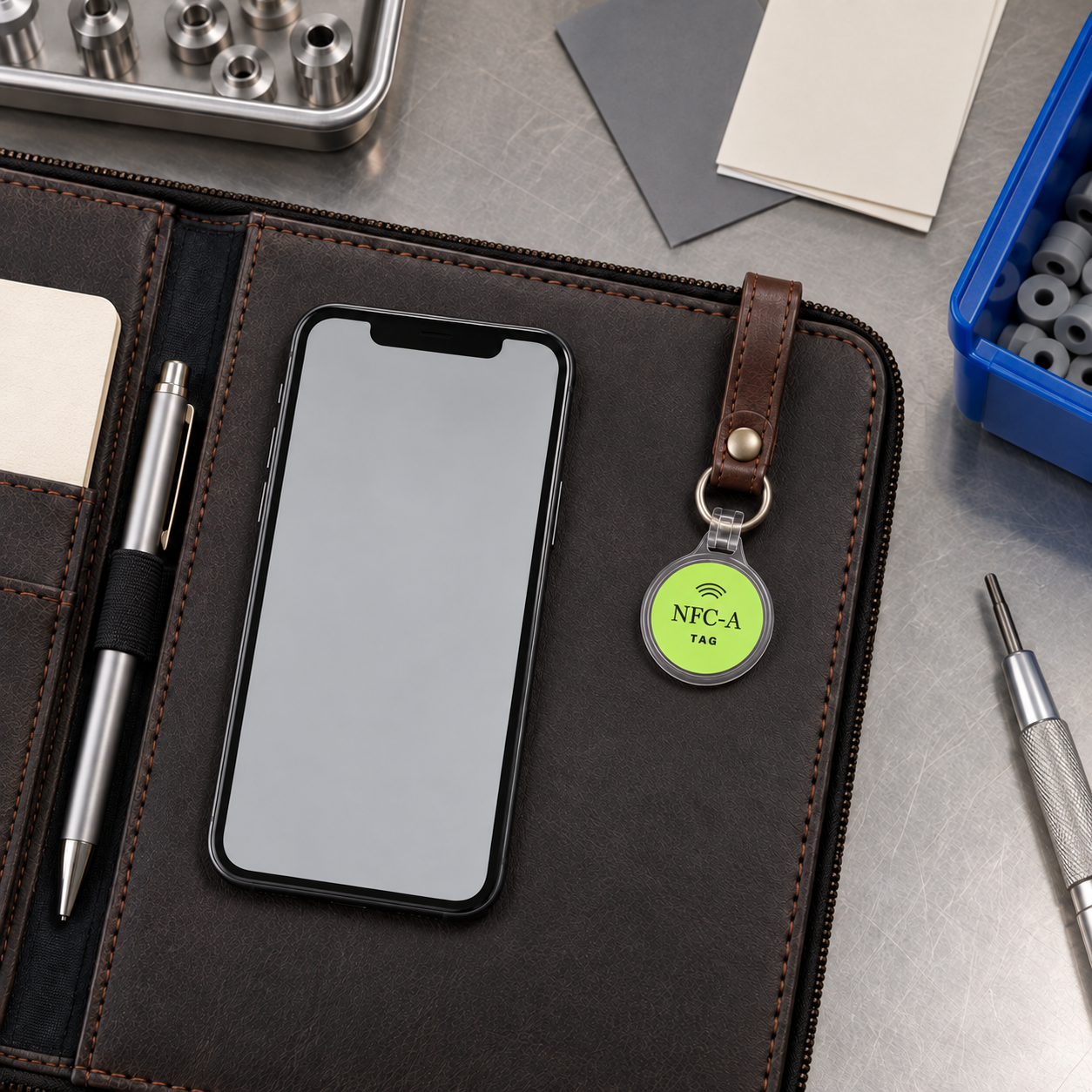Overhead view of a phone and NFC-A TAG coin in a clear holder on a leather lanyard attached to a production handoff folio.