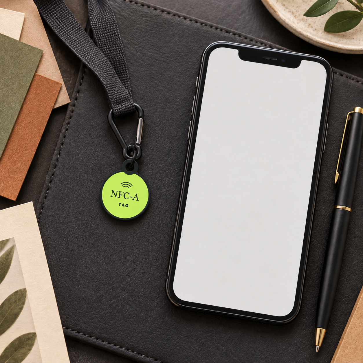 A phone, creative folio, pen, and NFC-A TAG coin sit together before a project review.