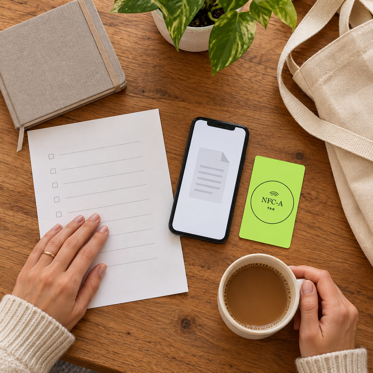 A lime NFC-A TAG card rests beside a phone showing a generic document icon and a blank preferences worksheet.