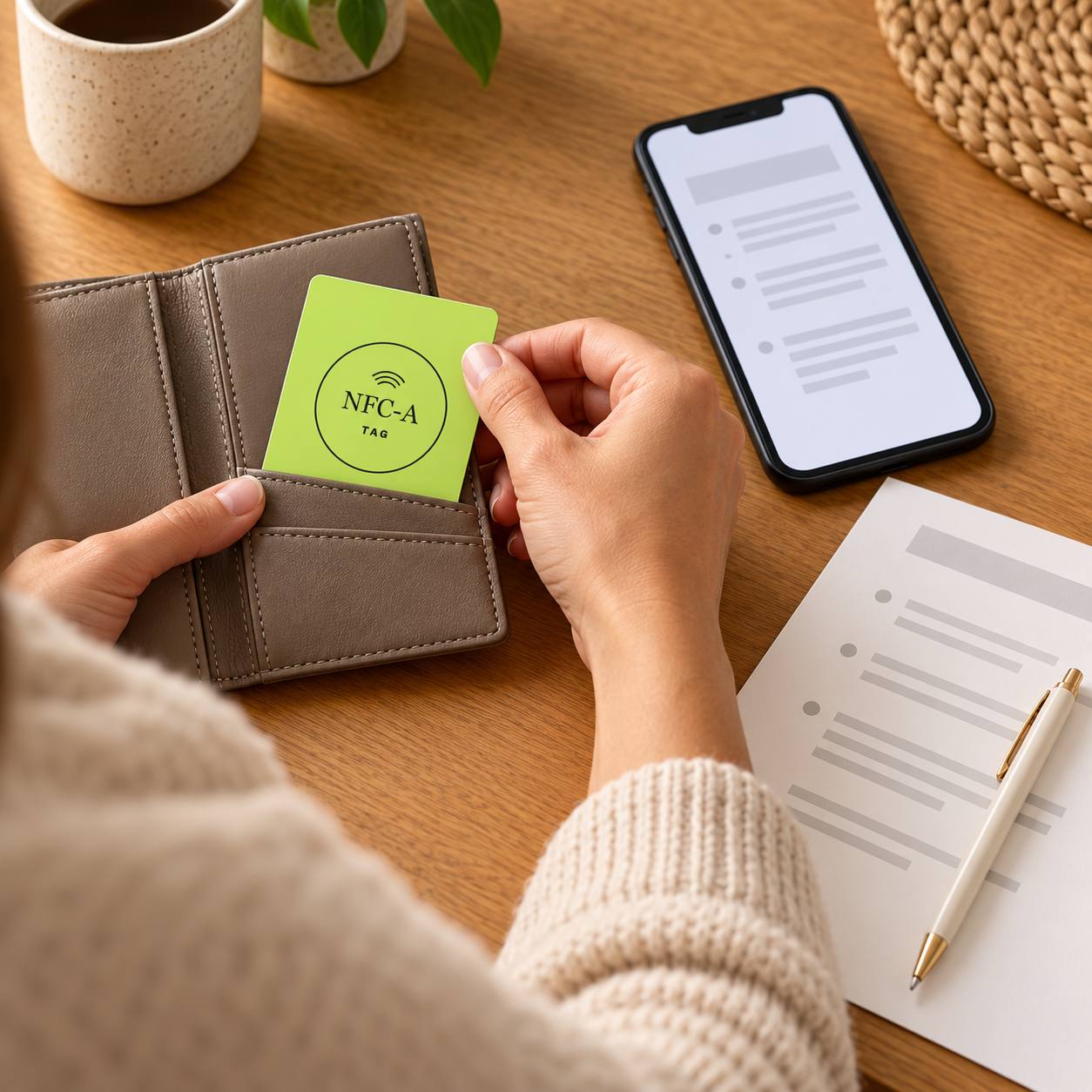Hands place a lime NFC-A TAG card in a document wallet beside a phone and a blank page.