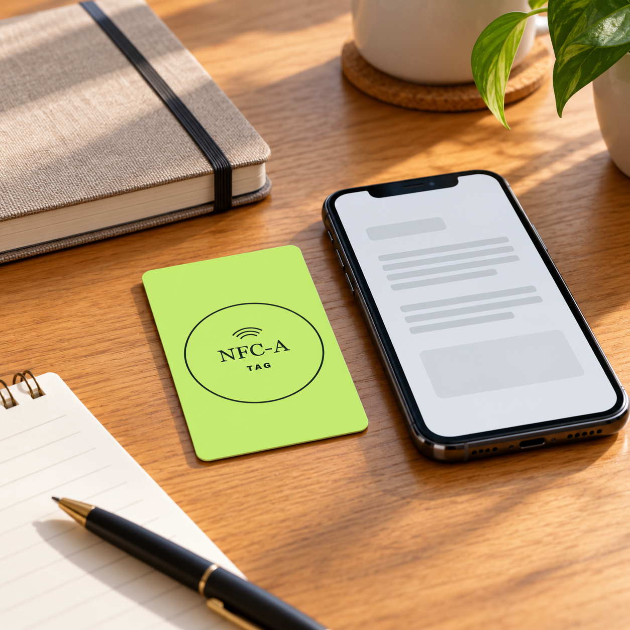 A 2 by 3 inch lime NFC-A TAG card rests beside a phone with a generic document layout.
