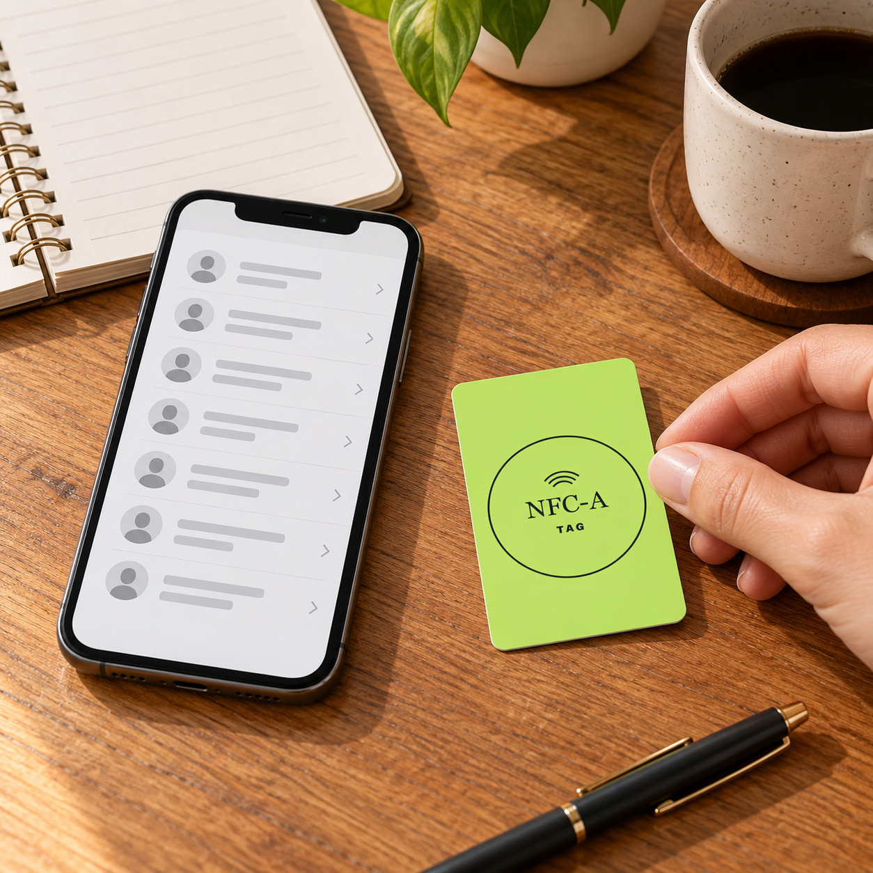 A lime NFC-A TAG card sits beside a phone with a generic contact list on a home table.