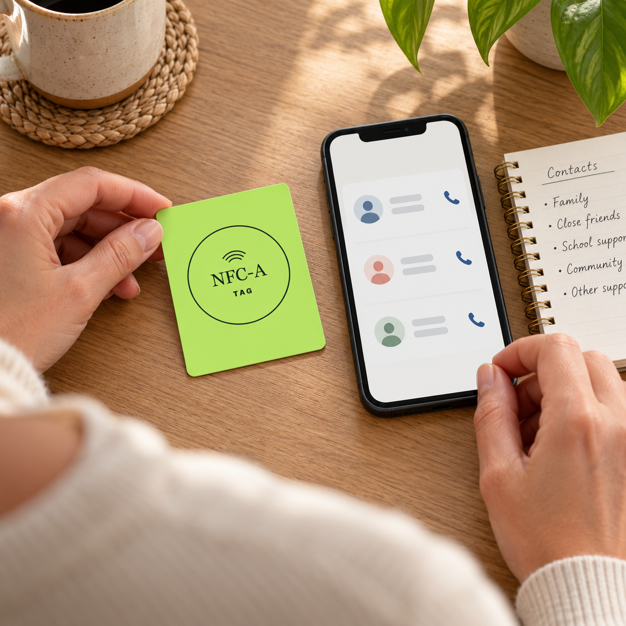 Hands organize a support-contact list beside a lime NFC-A TAG card and phone with generic contact icons.