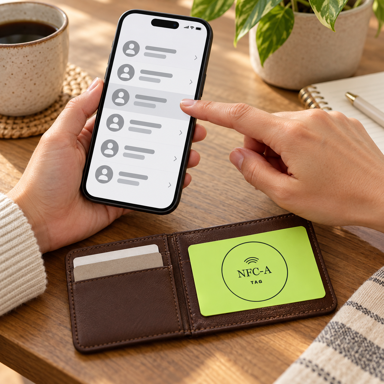 A 2 by 3 inch lime NFC-A TAG card rests in a document wallet beside a phone showing abstract contact rows.