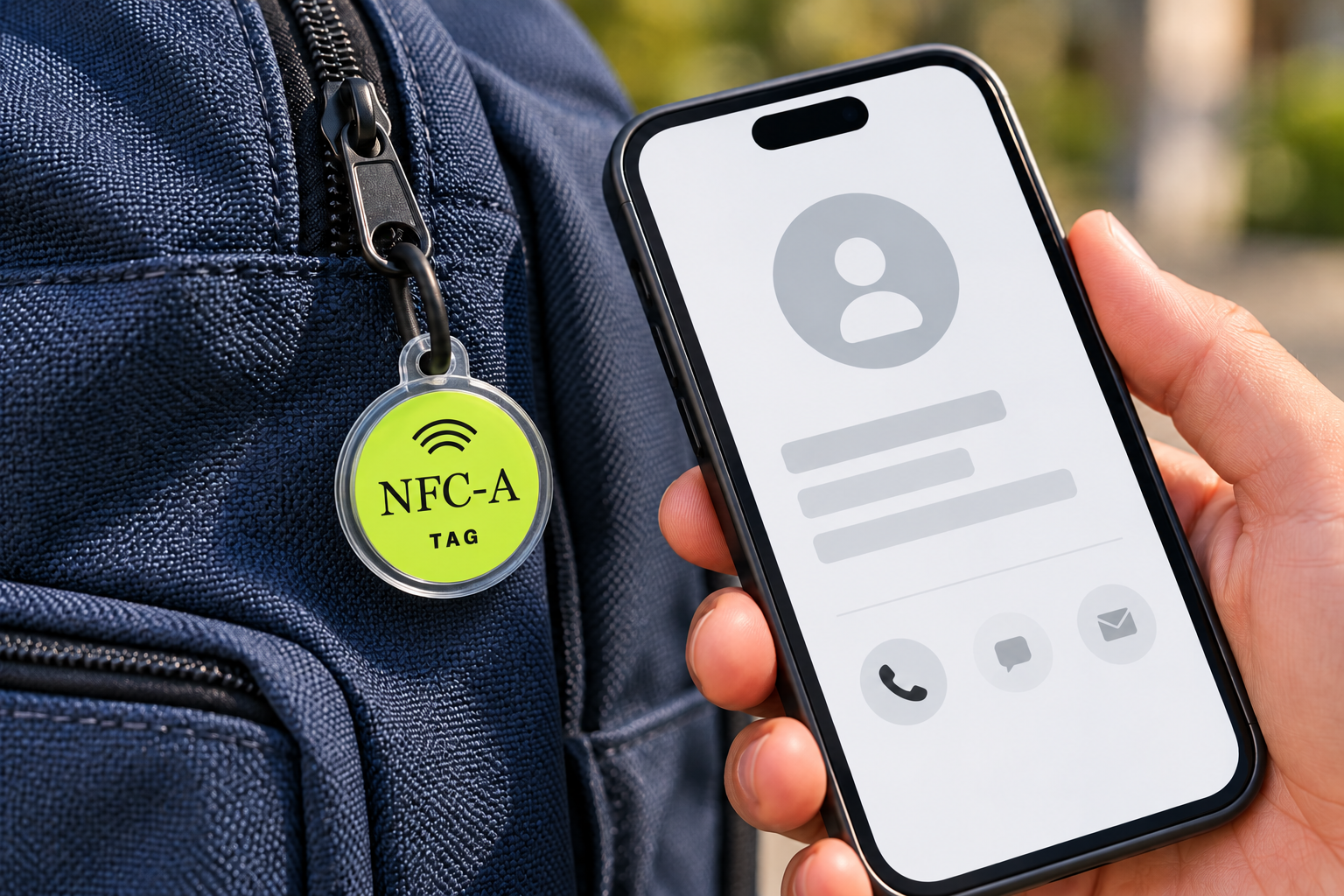 An adult holds a phone beside a lime NFC tag in a clear holder attached to a plain backpack.