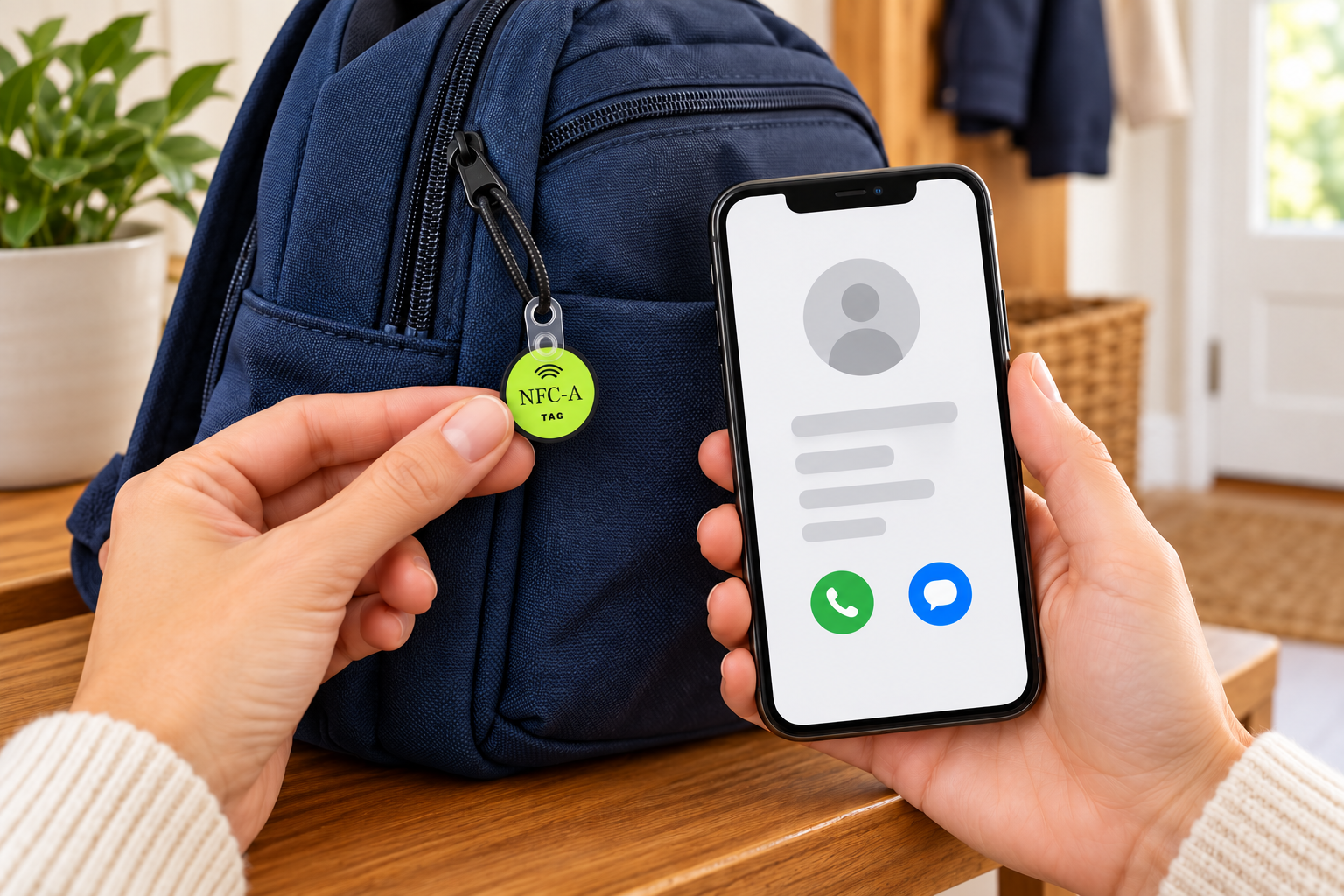 An adult tests a backpack NFC tag while a phone shows a generic contact-page layout with no personal details.