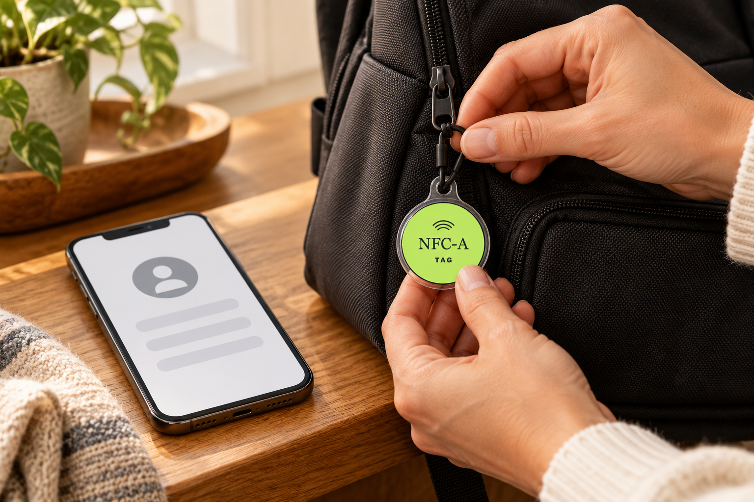 Adult hands attach a lime NFC tag in a clear holder to a plain backpack zipper beside a phone with a generic contact icon.