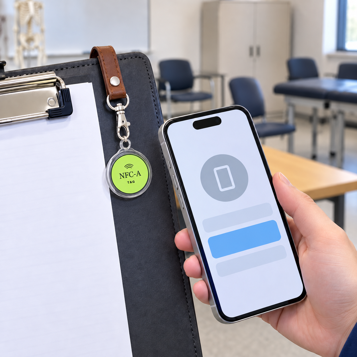 A small NFC-A TAG coin in a clear sleeve hangs from a shared teaching clipboard beside a phone showing a resource page.