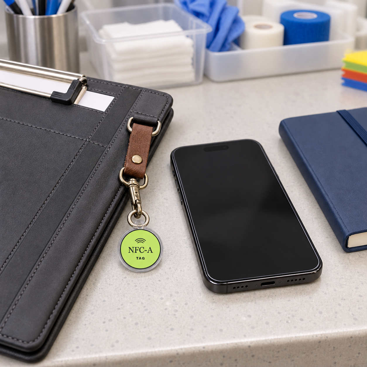 A 30 mm NFC-A TAG coin in a clear sleeve sits with a skills-station folio and phone.