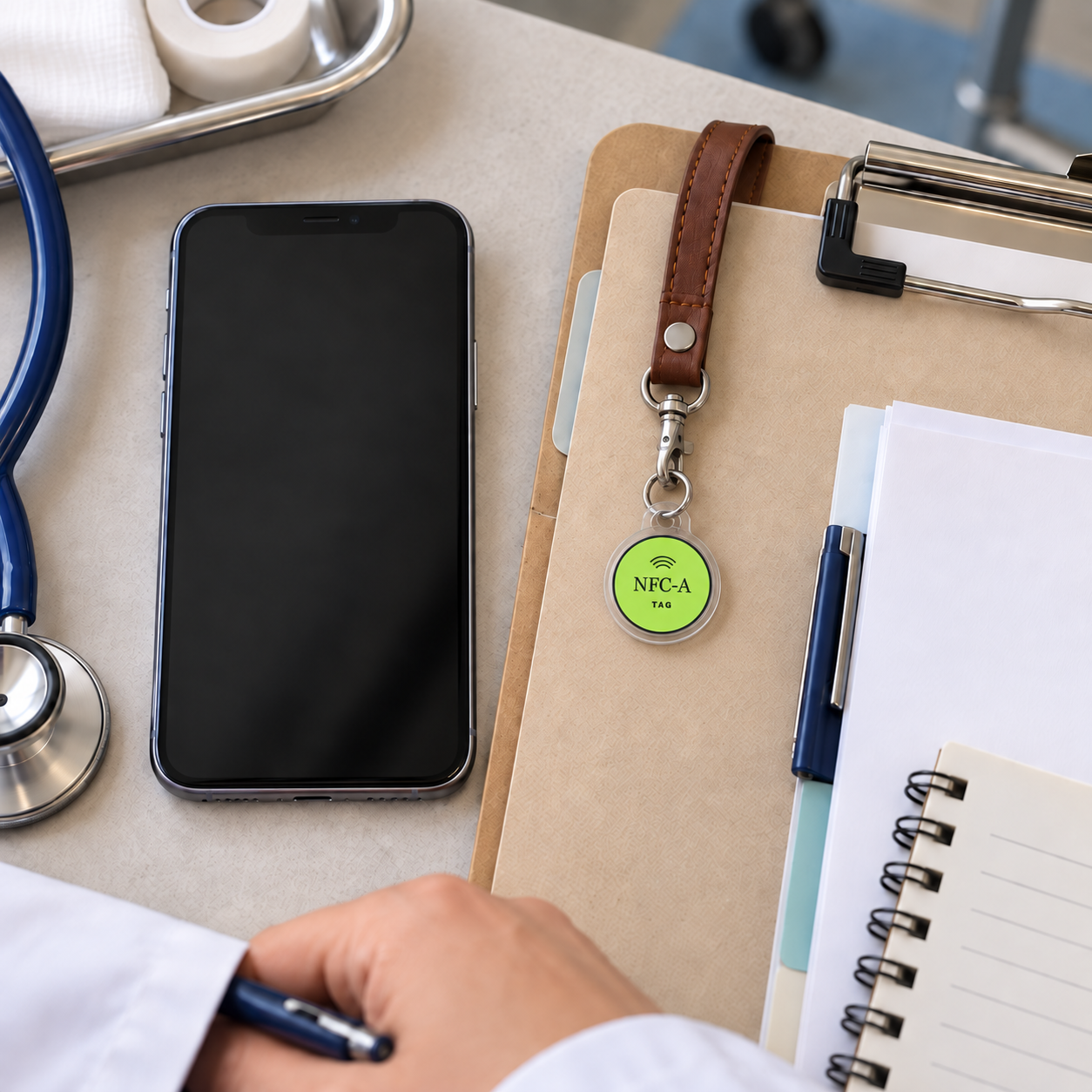 A faculty resource kit with a phone and 30 mm NFC-A TAG coin in a clear sleeve and cord.