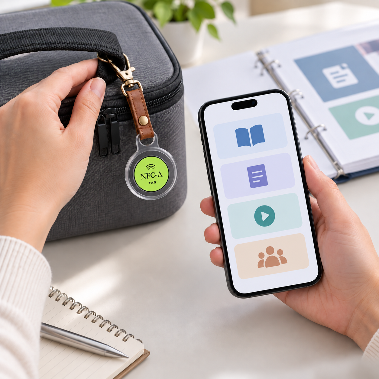 A branded NFC-A Tag coin in a clear holder is clipped to an unbranded demonstration case beside a phone showing generic education resources.